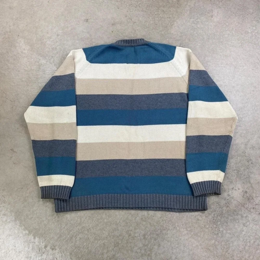 Vintage 90s St Johns Bay Sweater Size XL Blue Gray Striped Knit Pullover Boho